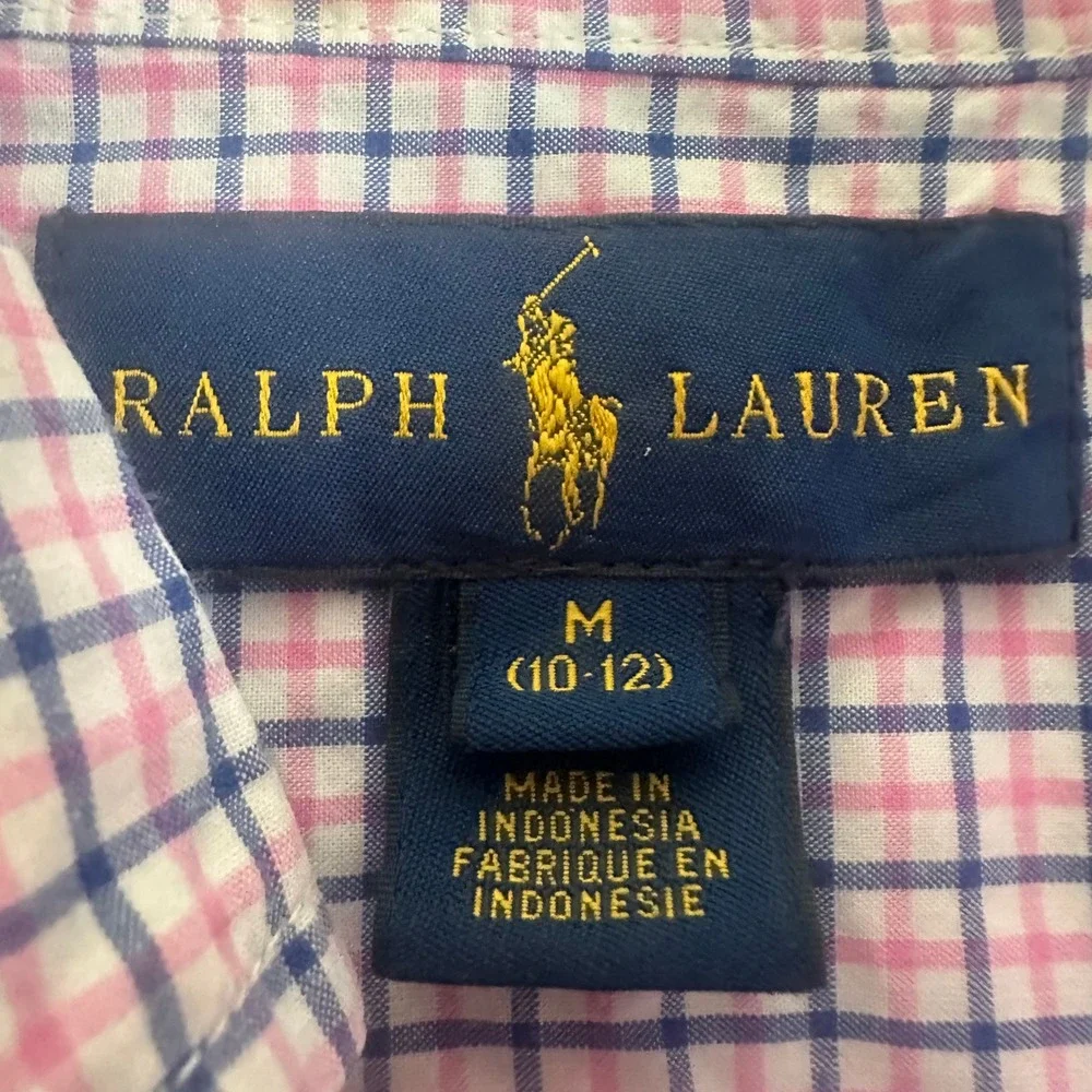 Ralph Lauren Boys Pink Navy Blue Check Button Down Shirt Size M 10-12